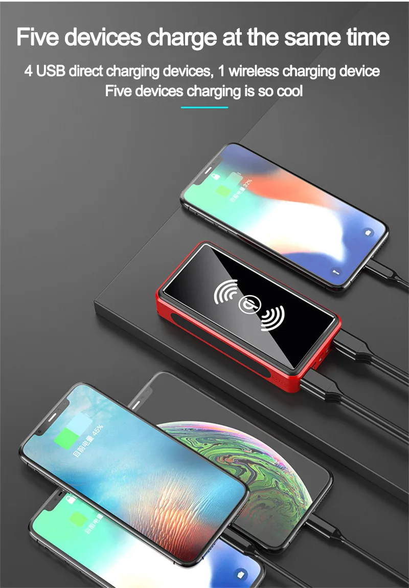 80000mAh QI Solar Power Bank Wireless Portable Fast Charger Outdoor External Battery for Xiaomi Samsung IPhone power bank 10000