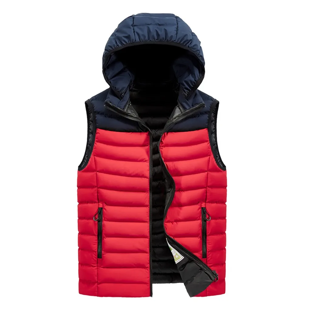 Tide мужской однотонный жилет с капюшоном куртка осень зима молния модный жилет с капюшоном без рукавов с хлопковой подкладкой верхнее пальто - Цвет: Красный