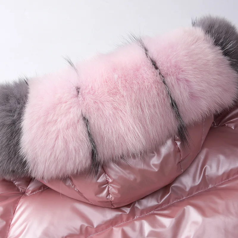 Winter Glossy Coat Big Fur Fox Collar Silver Golden Duck Down Jacket Women Double Sided Wear Hooded Waterproof Parkas Outerwear
