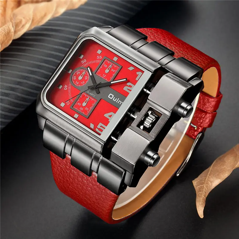 OULM Sports Quartz Watches 3364 Reloj Men's Wristwatch relogio masculino Big Square Size Watch Men Luxury Wide Leather Clock Red
