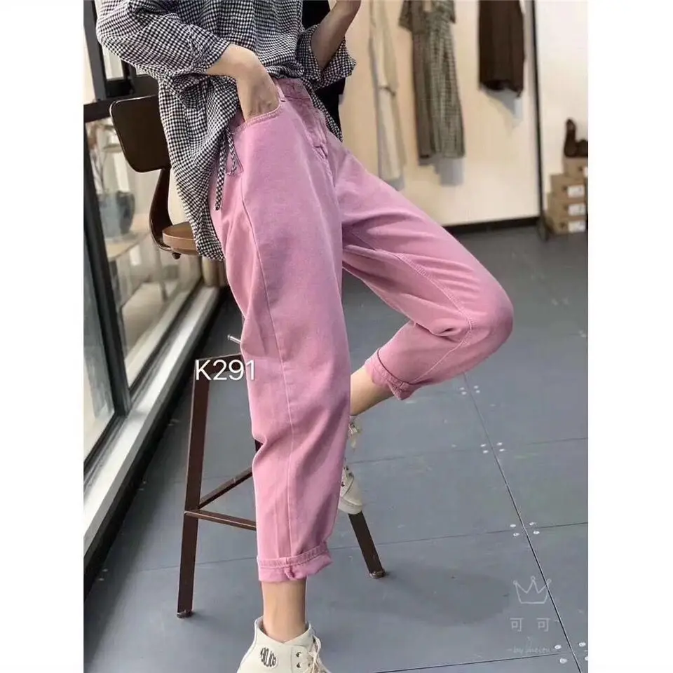 Spring Autumn Pink Woman Jeans Cotton Casual Straight Harem Pants Women's  Washed Trousers Loose Cropped Pants High Waist Jeans
