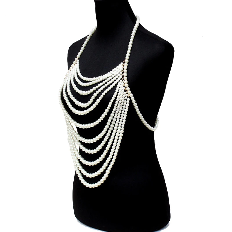 Nueva moda Boho imitación perlas cadenas colgante vestido joyerica perlas arnes cuerpo cadena joyerica boda