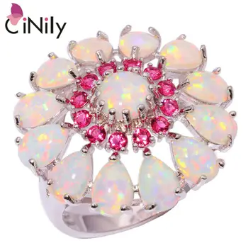 

CiNily Created White Fire Opal Kunzite Silver Plated Ring Wholesale Retail Big Flower for Women Jewelry Ring Size 6-10 OJ6184