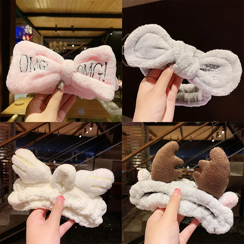 Waschen Gesicht Haar halter Haar bänder weich warm Korallen Fleece Bogen Tierohren Stirnband für Frauen Mädchen Turban Mode Haarschmuck – Detail 3