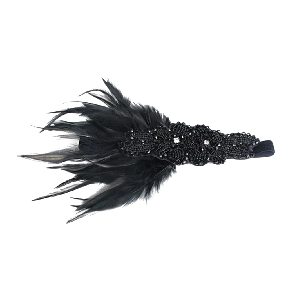 Charleston Style Black Feather  Rhinestone Hair Flower Headband Bridal For Bride