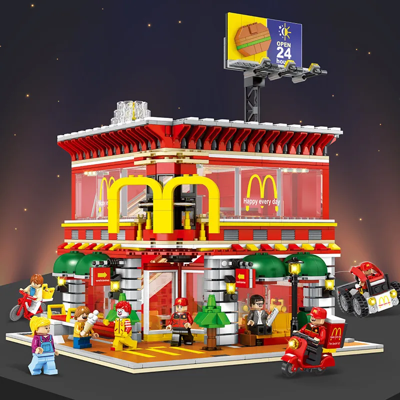 

4 in 1 McDonaldss Restaurant Series SD6901 Street Building Blocks Compatible Legoings City Assembly Building Bricks Toys Kids