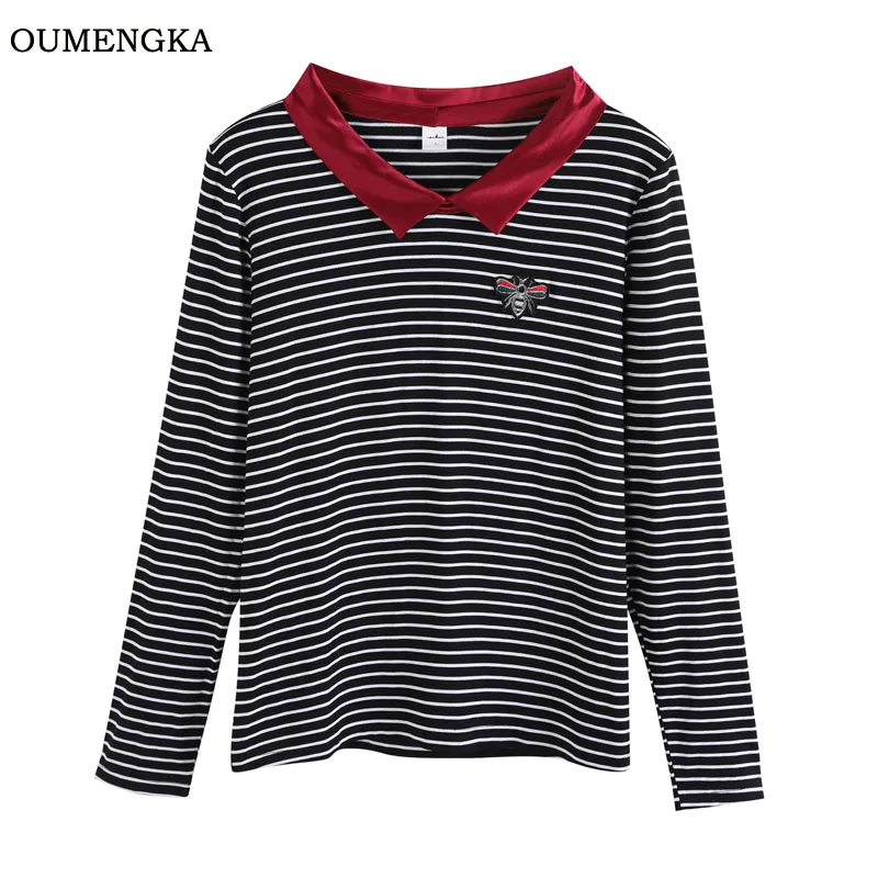 OUMENGKA корейские поло контрастных цветов рубашка Женская Harajuku полосатая Осень Зима Свободные повседневные топы с длинными рукавами Camiseta feminina - Цвет: Red