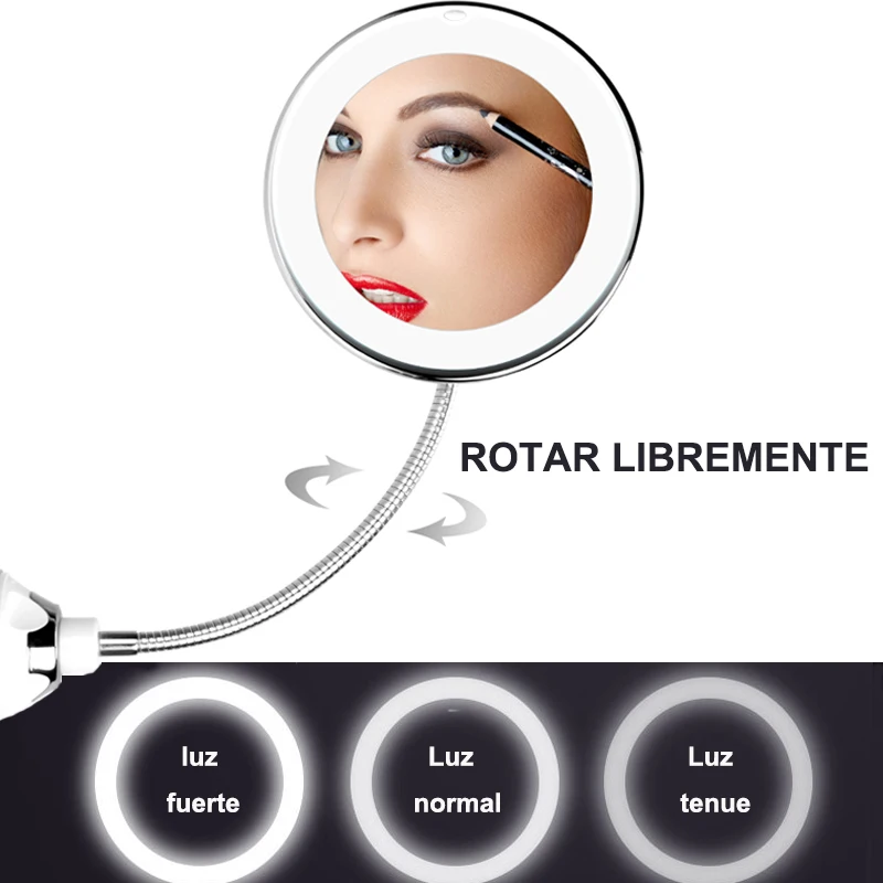 Espejo de maquillaje LED 10X Miroir de aumento con 3 intensidades Luces de espejo Miroir flexible Espejo de vanidad con luz LED Maquillaje