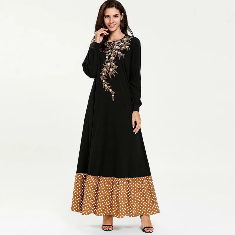 Большой размер женское платье abaya модное черное трикотажное с вышивкой и
