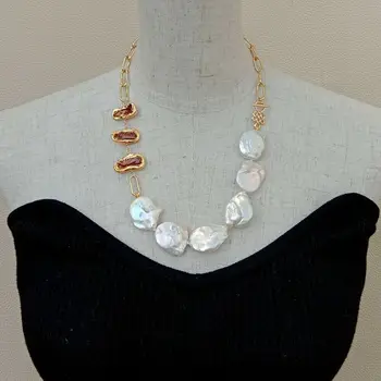 

Cultured White Coin Pearl Brown Biwa Pearl Chain Necklace 23"