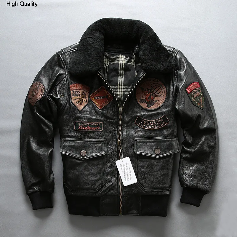 

FLY Air force real fur collar cowskin flight jacket men bomber jacket men genuine leather coat motorcycle jacket