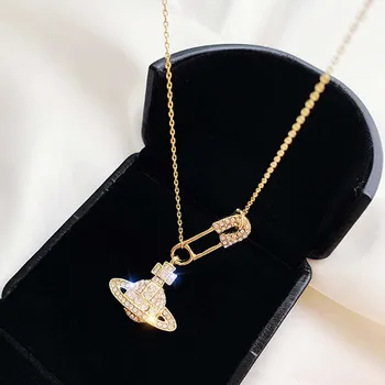 

Planet rhinestone paper clip niche personality design Saturn pin clavicle chain female long necklace for women gift