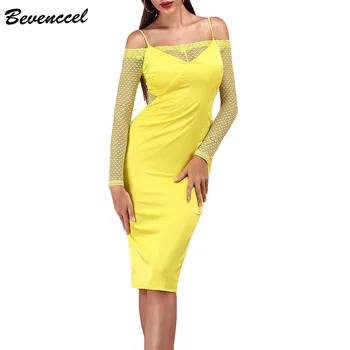 

Bevenccel New Arrival Elegant Women Dress 2020 Long Sleeve Slash Neck Lace Patchwork Bodycon Celebrity Evening Club Party Dress
