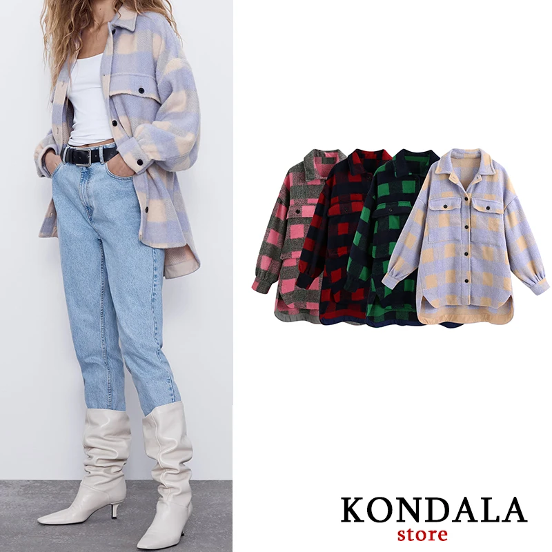 

Women's blazer shirt za 2020 cotton thick plaid print casual autumn shirt jacket female long sleeve single button paockets tops