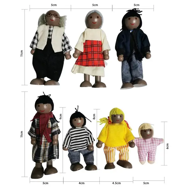 Happy Doll Family Miniature 7 People Set Toy Wooden Jointed Dolls Children Muppet Pretend Toys Story-telling Dressed Characters 6
