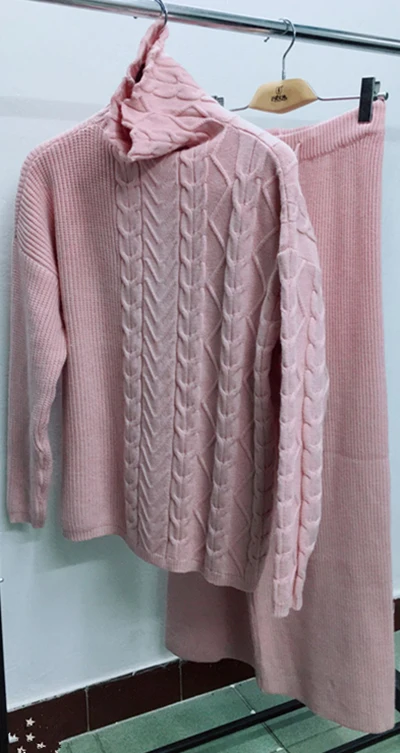 pink Зимний женский вязаный комплект из двух предметов, топ и брюки, кашемировая шерсть, свободный свитер-водолазка+ широкие брюки, комплект из 2 предметов - Цвет: pink