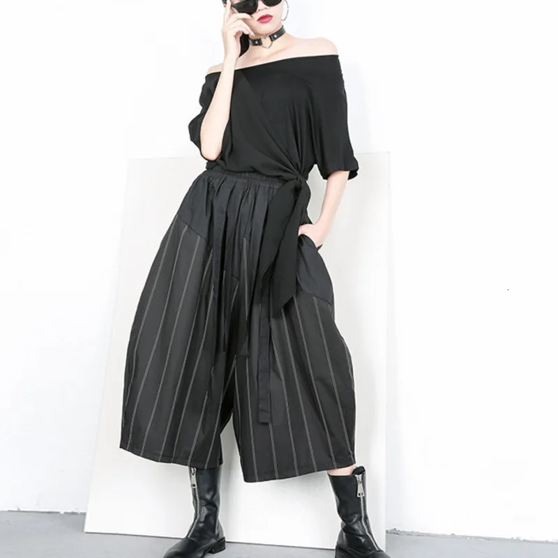 

LANMREM 2019 Spring Women Fashion Striped Patchwork Ribbons Wide Leg Pants Casual Elastic Waist Trousers Female Bottom TB312