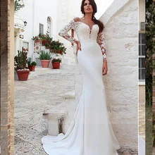 

Mermaid Wedding Dress With Lace Appliques Custom Made Long Sleeves Bridal 2021 Elegant Tulle & Four Way Spandex Scoop Neckline