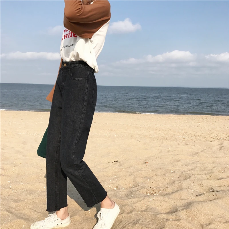 Белые черные джинсовые брюки осень корейский стиль женские джинсовые, длиной до колена брюки для отдыха уличная одежда