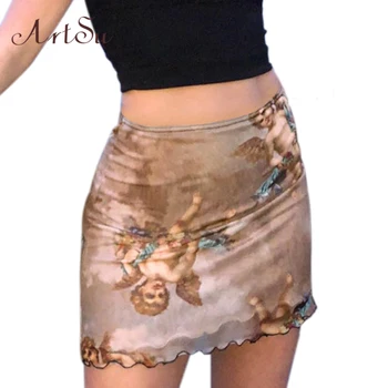 

ArtSu Sexy Skirts Women Angel Print High Waist Bodycon Mini Tulle Skirt Kawaii Boho Mesh Pencil Skirt Saia Harajuku ASSK20218