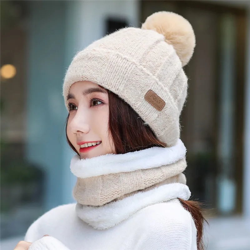 beige hat scarf Вязаная шерстяная теплая шапка и шарф набор для женщин из двух частей плюшевая шапка шейный платок наборы Зимний воротник шарфы и шапки - Цвет: beige hat scarf