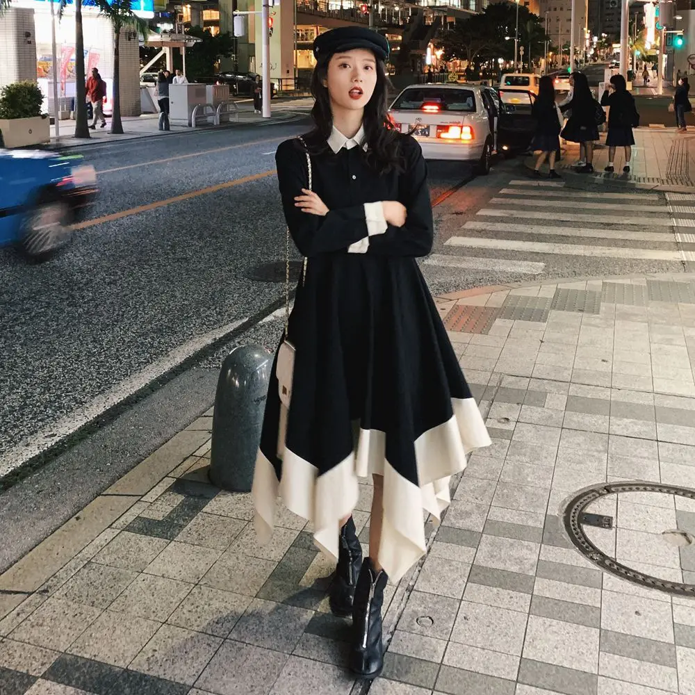 

Photo Shoot CHIC Joint Contrast Color Single Breasted Irregular A- line Skirt 2020 Spring New Style WOMEN'S Dress Retro Dress