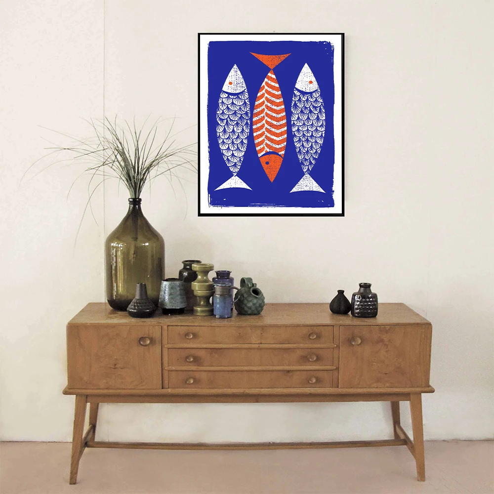 

Minimalist Abstract Blue Orange Fish Wall Art Canvas Painting Nordic Posters and Prints Wall Pictures for Living Bedroom Decor