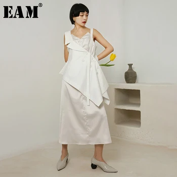 

Special Benefits [EAM] 2020 New Spring Summer V-collar Sleeveless Spaghetti Strap Long Temperament Dress Women Fashion JR4391