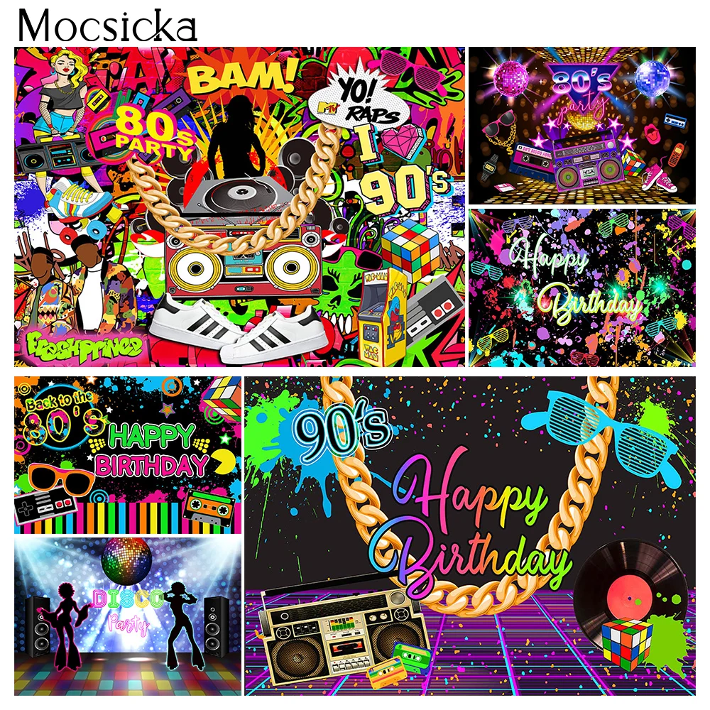 

Back to the 80s Happy Birthday Backdrop Decor 90s Hip Hop Let's Glow Party Photo Background Graffiti Wall Painting Photography