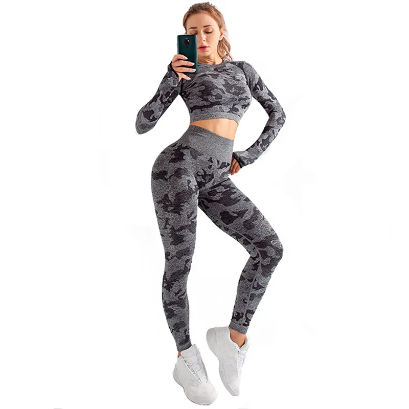 

Camouflage Home Gym Clothes Set Seamless High Elasticity Sportswear Long Sleeve Top Trousers Two Piece Fitness Outfit For Women