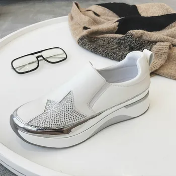 

Women Flats Round Toe Shallow Platform White Sneakers Shoe Women Leather Thick Bottom Rhinestone Running Shoes I4-73