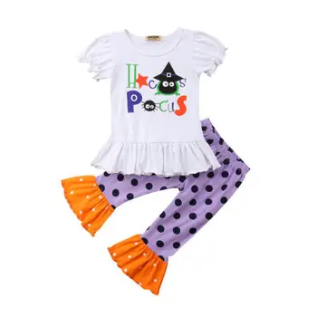 

Halloween Infant Baby Girls Clothes Set Kids Short Puff Sleeve T-shirt Tops + Polka Dot Loose Pants Outfits Set