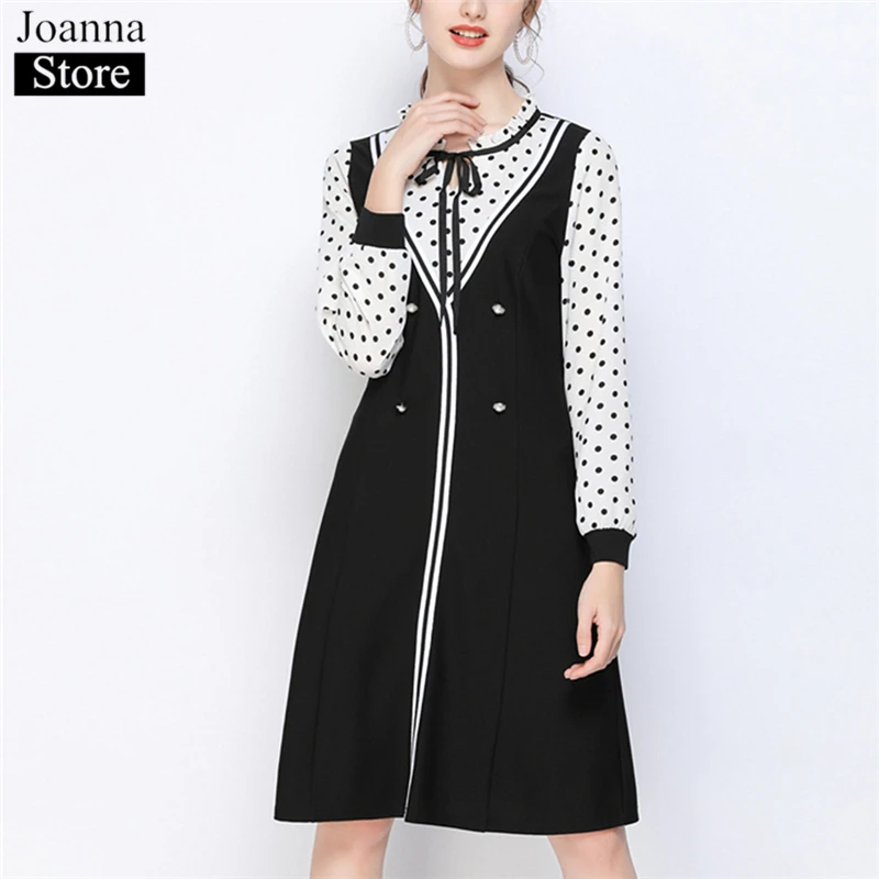 

Spring New Dot Stitching Long Dress Women Lotus Leaf Bow O-Neck Long Sleeve Vintage Elegant Dresses White Slim Plus Size Clothes