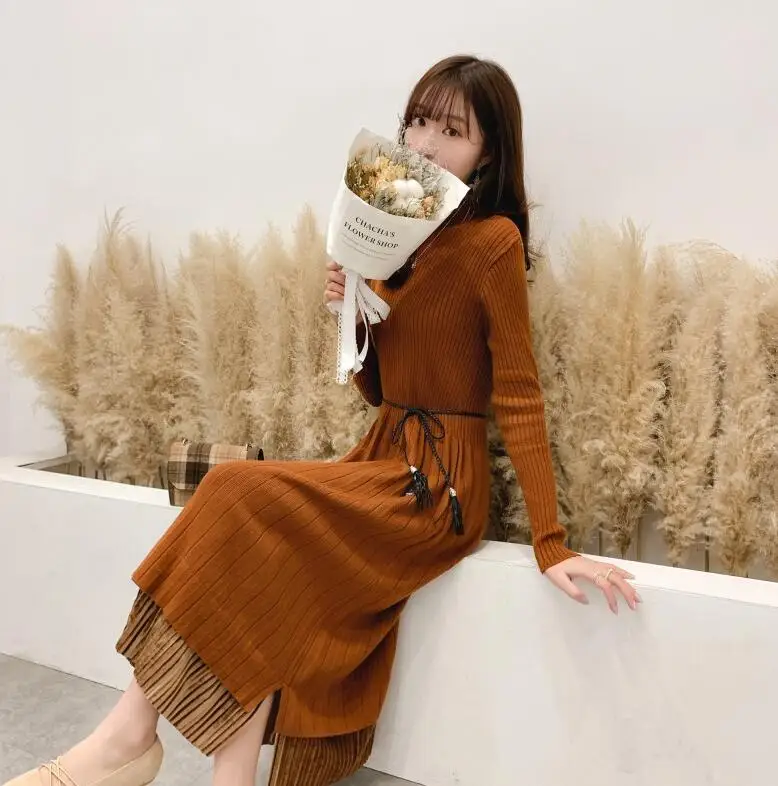 caramel colour Женское вязаное платье, новинка, Осень-зима, теплое, длинный рукав, половина, водолазка, свитер, платья свободного размера плюс, длинное платье Vestidos - Цвет: caramel colour