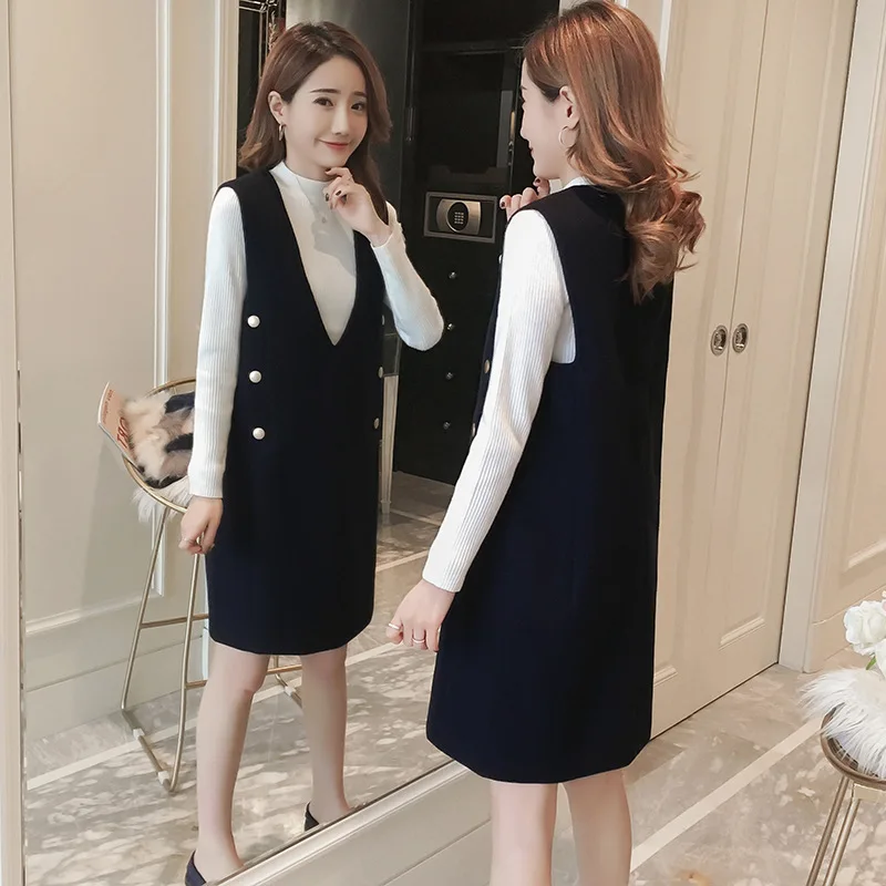 

New Style Maternity Clothes Fall And Winter Clothes Woolen Vest Knit Maternity Dress Mid-length Long-sleeved Upper Garment Two-P