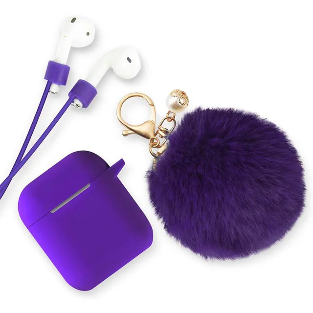 Protective Case multi colors with lost-proof and Keychain hooks lovely hair ball Silicone Bluetooth Earphone For airpods 1 2 1 2dark purple