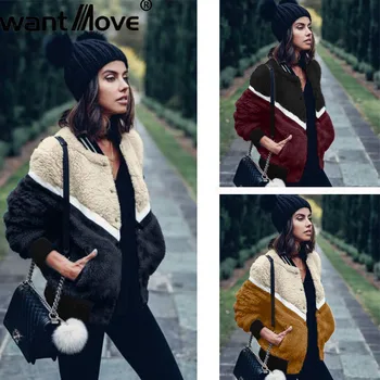 

2019 Winter women coat Wantmove fashion contrast stitching warm ins net red wind fur ladies jacket coat WM1102