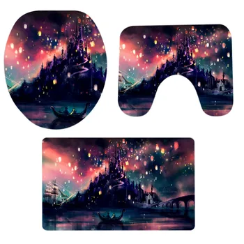 

3PCS Christmas Bathroom Non-Slip Pedestal Rug + Lid Toilet Cover + Bath Mat Set Curtain Set Pedestal Rug Lid Toilet Cover