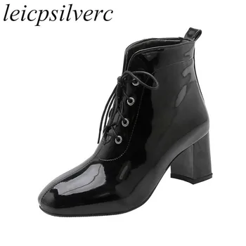 

Women's Boots Autumn Winter High Heel Lace Up Square Toe Ankle Patent-leather 2019 New Sexy Fashion Boots White Black Red Plush