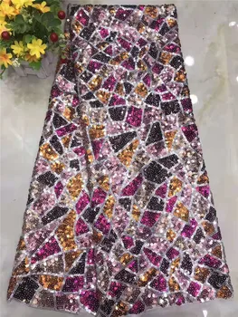 

5-yard sequin embroidery method mesh African lace fabric for evening dress sequins Nigerian lace fabric