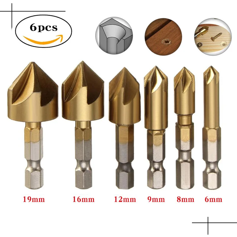 

1set HSS Hexagon Shank Countersink Chamfer Core Drill Bit Hex Shank 90 Degree Woodworking Chamfering Cutter 6-19mm Power Tool