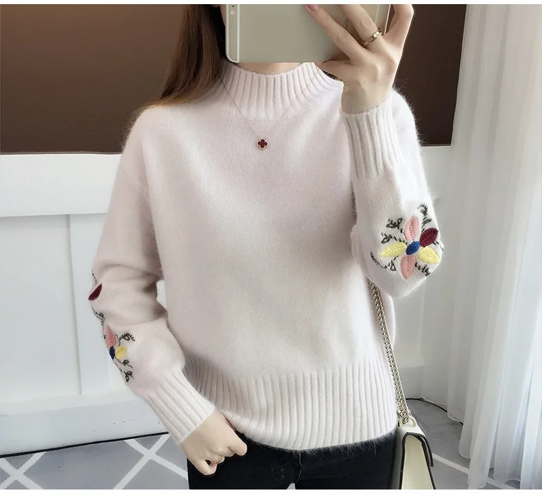 

2020 Winter Thick Warm Beautiful Embroidery Turtleneck Sweater Women Long Sleeve Knit Pullover Sweater Female Pull Femme