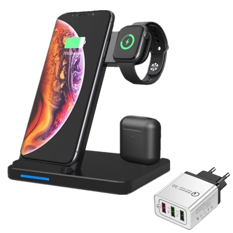 10 Вт Беспроводное зарядное устройство подставка для Iphone X 8 Xiaomi Быстрое беспроводное зарядное устройство док-станция для Apple Airpods Watch 4 3 2 1