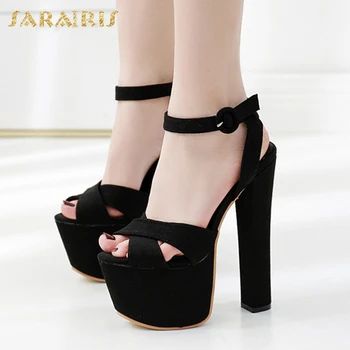 

Sarairis 2020 New Fashion Square High Heels Summer Sandals Woman Shoes Platform Buckle Strap Black White Shoes Women Sandals