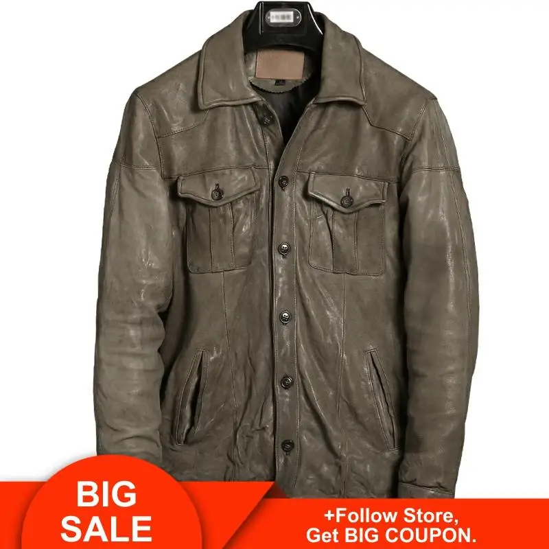 

2020 Light Brown Men Japan Style Casual Leather Jacket Single Breasted Genuine Sheepskin Spring Slim Fit Fashion Leather Coat
