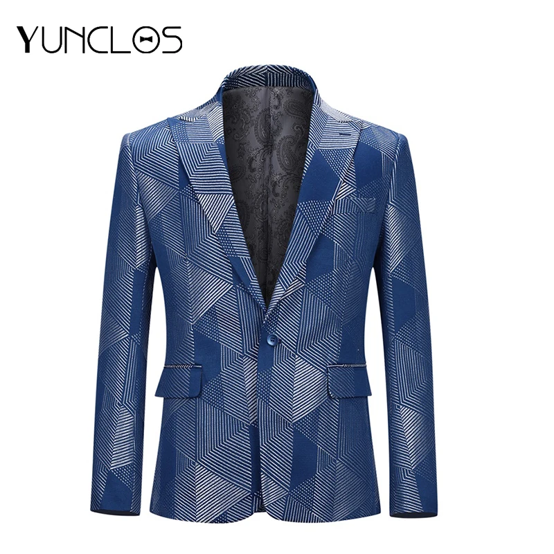 

YUNCLOS Navy Blue One Buckle Party Jacket Men Closure Collar Men Blazer Veste Homme Costume Banquet Men Blazer No Split 4XL
