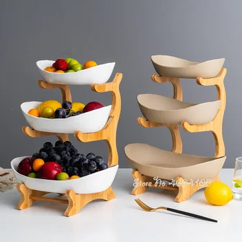 

Creative Double-layer Multi-layerplate Ceramic Dried Fruit Plate Bamboo Wooden Shelf Sushi Dish Fruit Basket Plates