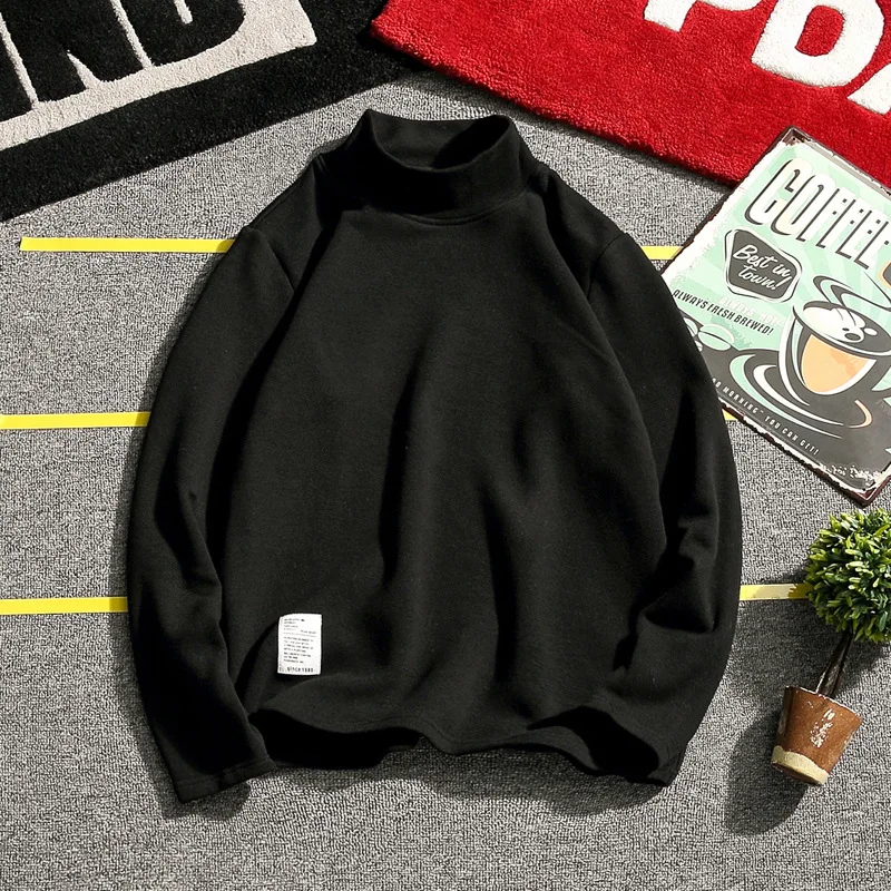 

Large Size 2019 Japanese-style Kirin Wind Winter Large Size Loose-Fit Men's High Collar Solid Color plus Velvet T-shirt Base Shi