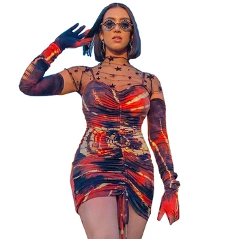 

Tie Dyeing Spaghetti Straps Dress With Gloves Women Fashion Drawstring Ruched Party Mini Dress Casual Streetwear 2020