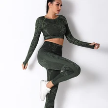 Women Seamless Yoga Sets Sport Long Sleeve Fitness Clothing High Waist Leggings Gym Camouflage Sportswear Running Workout Suit